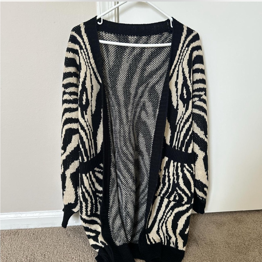 Zebra Print Open Front Cardigan Sweater